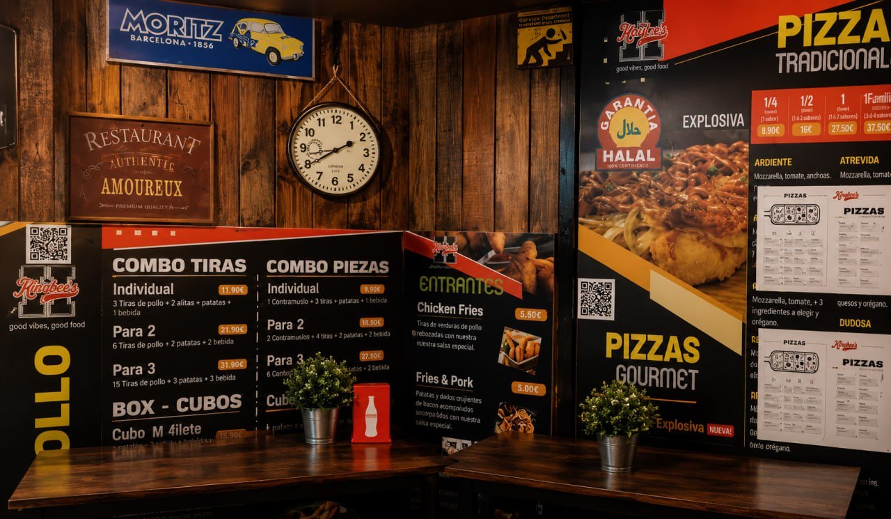 Pared decorada de restaurante moderno con mesas y ambiente cálido